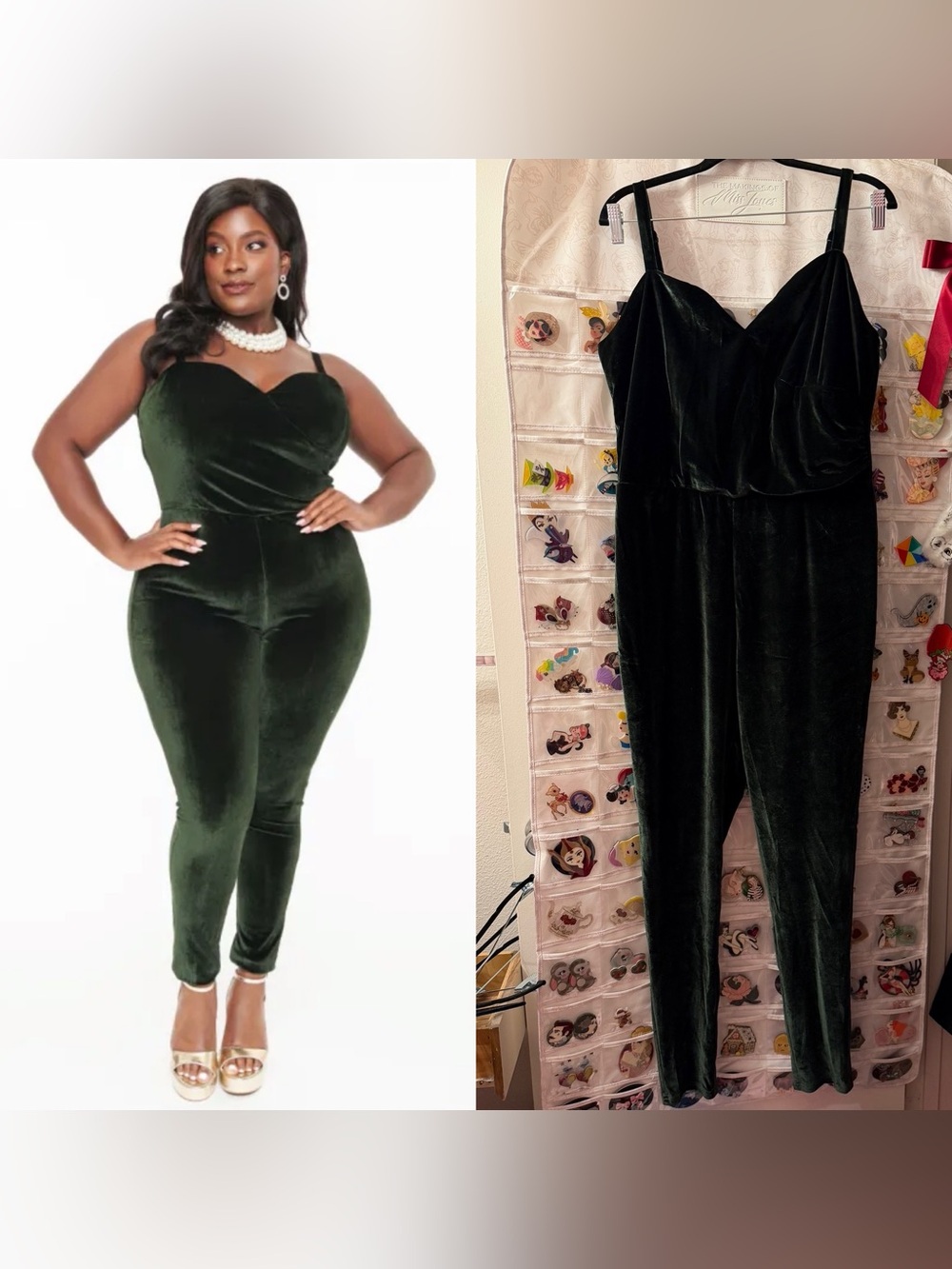 💕2/$44💕NWOT Unique Vintage 1970s Dark Green Velvet Jumpsuit
